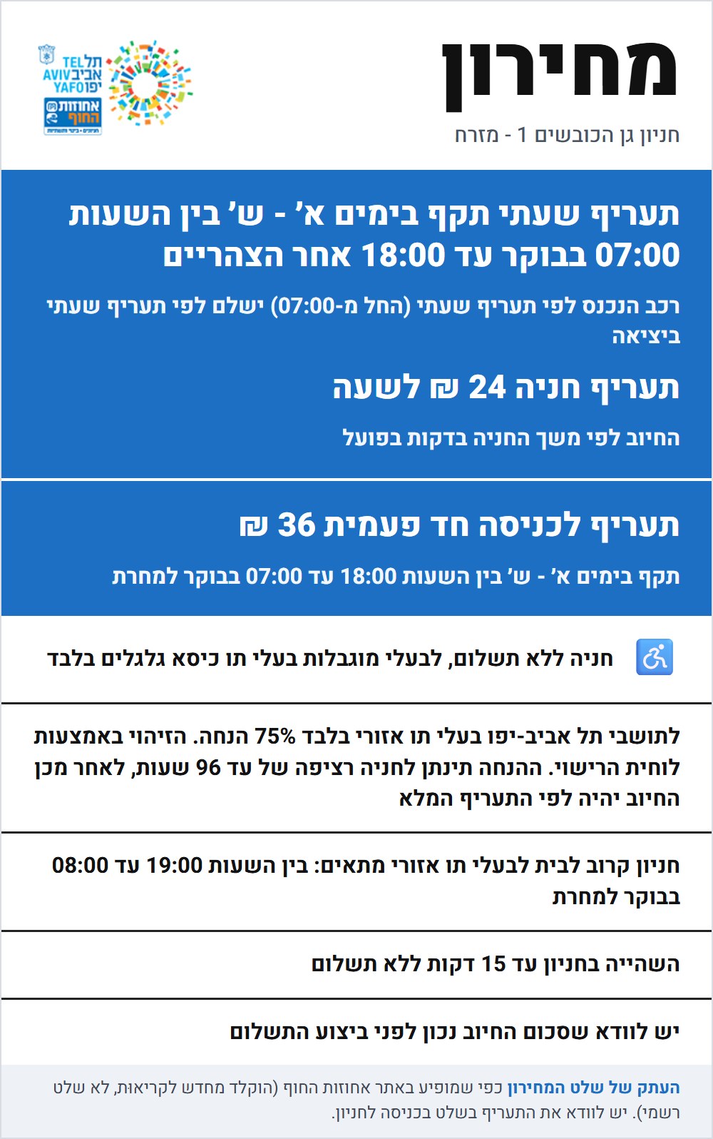 Tariff sign at Gan HaKovshim 1 - East Parking