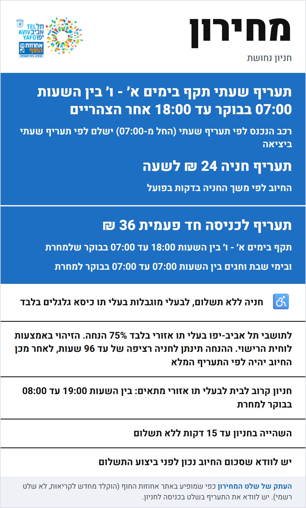 שלט התעריפים בחניון נחושת