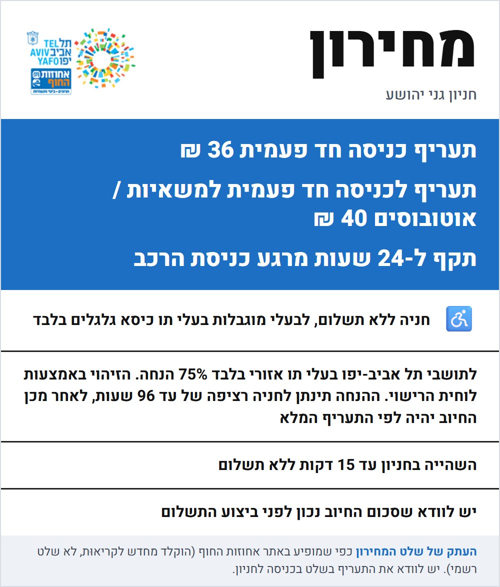 Tariff sign at Ganei Yehoshua Parking