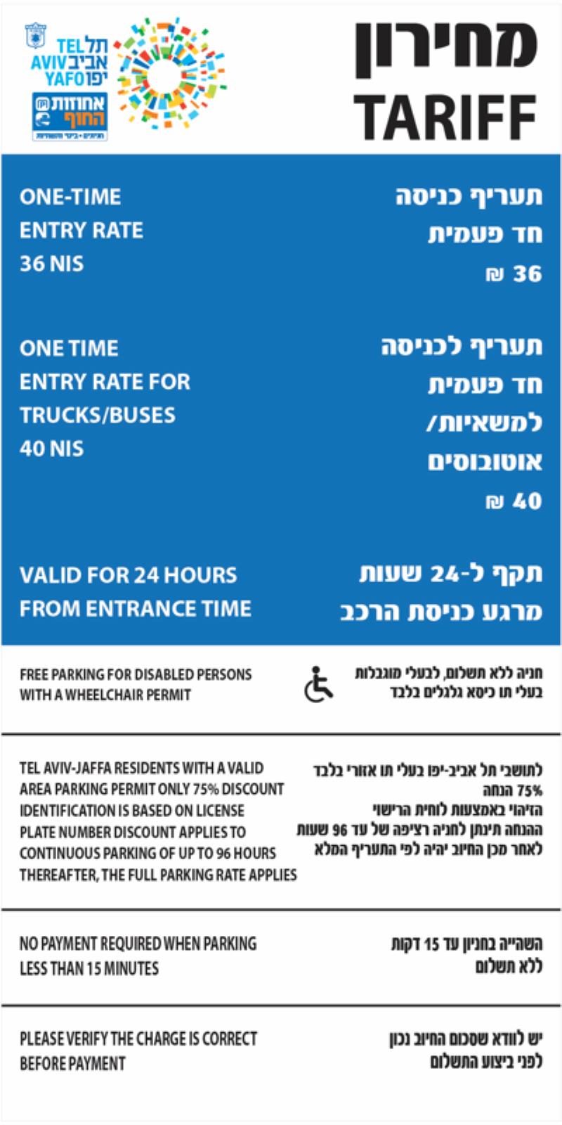 Tariff sign at Ganei Yehoshua Parking